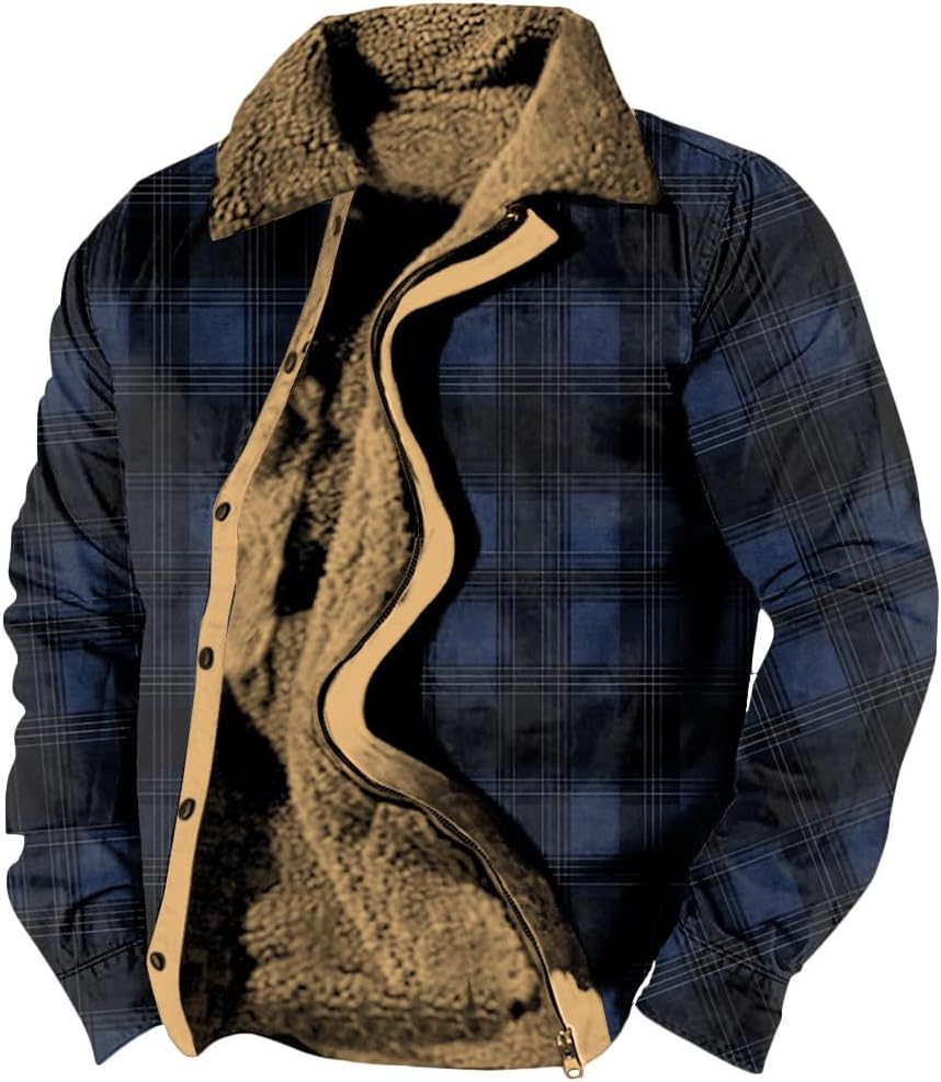 Vintage Washed Checkered Print Graphic Jacket Men's Autumn/Winter Lapel Zipper Fleece Lined Soft Coat Jacket