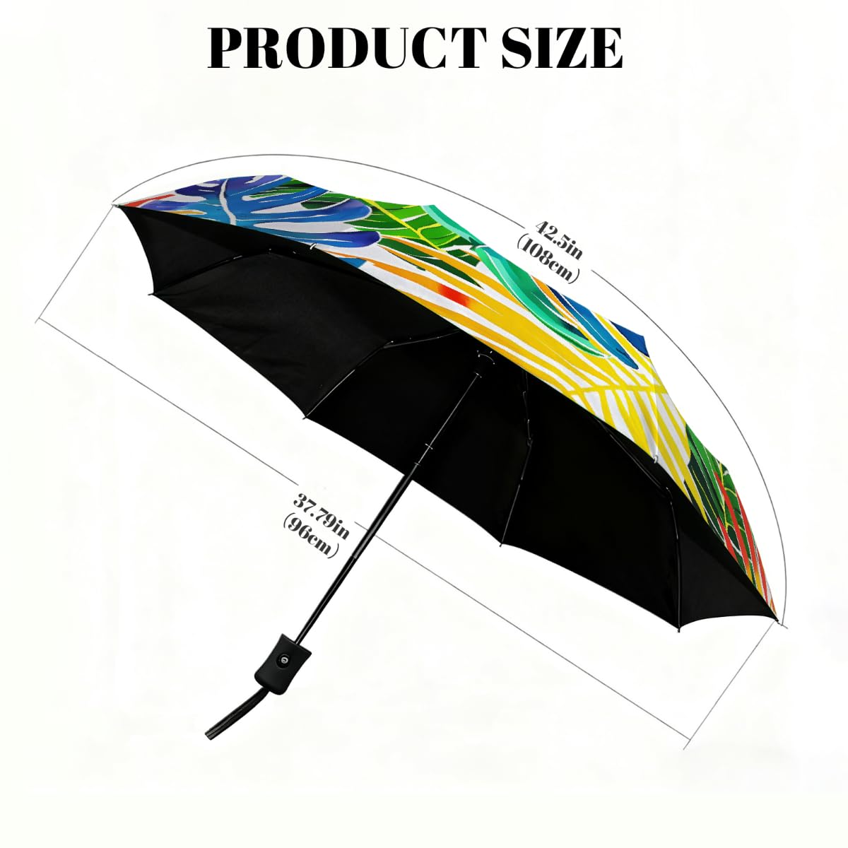Ombrello pieghevole con foglie di palma tropicali colorate, ombrello da viaggio, compatto, antivento, impermeabile, con protezione UV, rivestimento nero, leggero, 8 costine, portatile, per