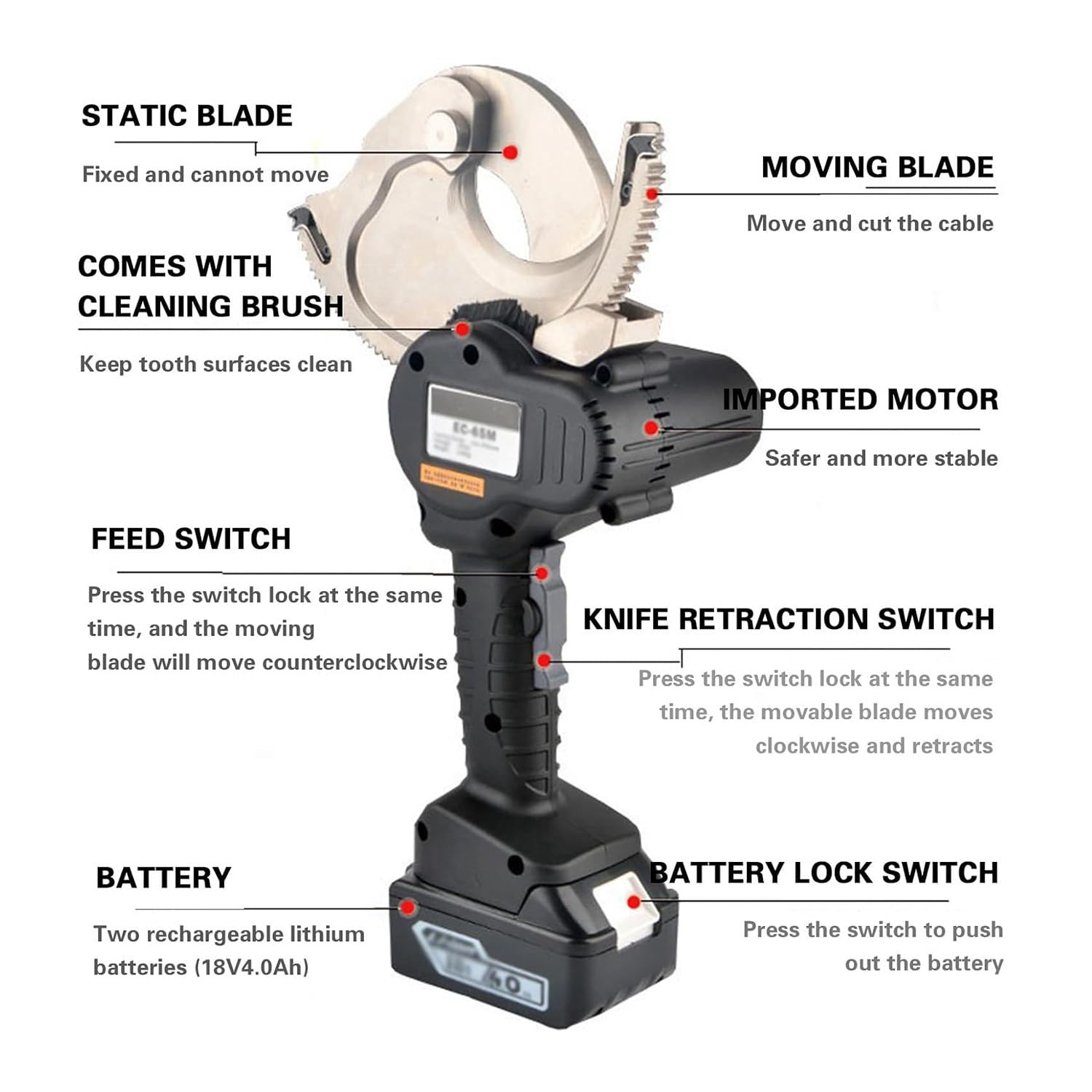Cortador de Cables Hidráulico – Herramienta de Corte Eléctrica a Batería para Cables de Aluminio y Cobre, Capacidad de 45 mm, Cortador de Cables Hidráulico de Trinquete EC-65