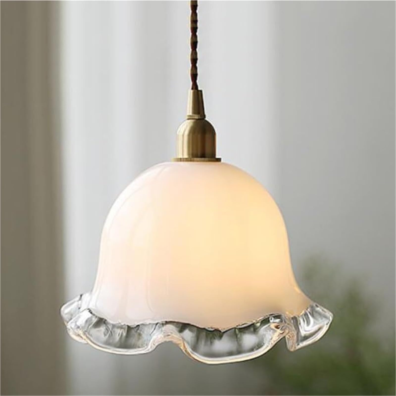 HELCEKOU French Flower Shape Glass Pendant Light Milk Mid Century Modern Kitchen Island Nordic Ceiling Hanging Lamp Vintage Chandelier for Dining Room Bedroom