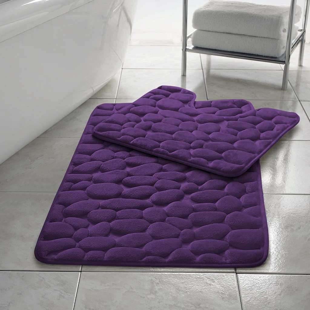 HomeSpace Direct Pebbles Non- Slip Memory Foam Bath Mat/Toilet Mat Set Plum