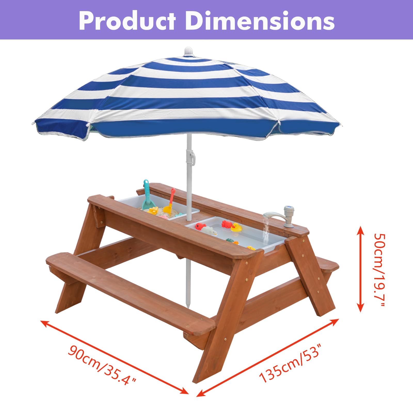 Kids - Tavolo da picnic 3 in 1 per attività in legno e acqua, per esterni, trasformabile, con ombrello, 2 scatole da gioco, parte superiore rimovibile, per esterni (Brown/Navy)