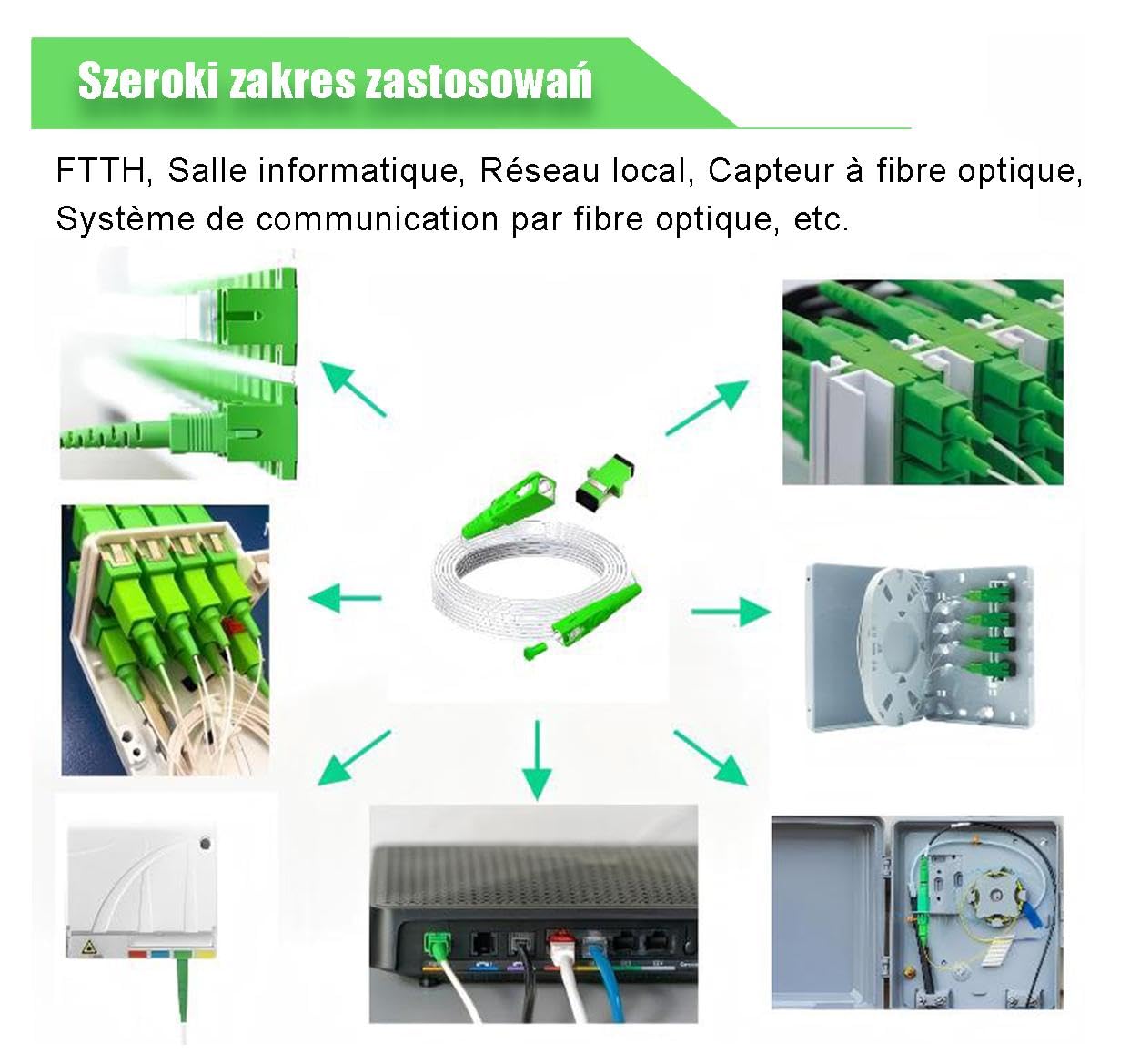 Kabel światłowodowy SC/APC-SC/APC do Orange, PLAY, Vectra, Netia, T-Mobile, Plus, Jednomodowy kabel światłowodowy Simplex, Przedłużacz światłowodowy (20M)