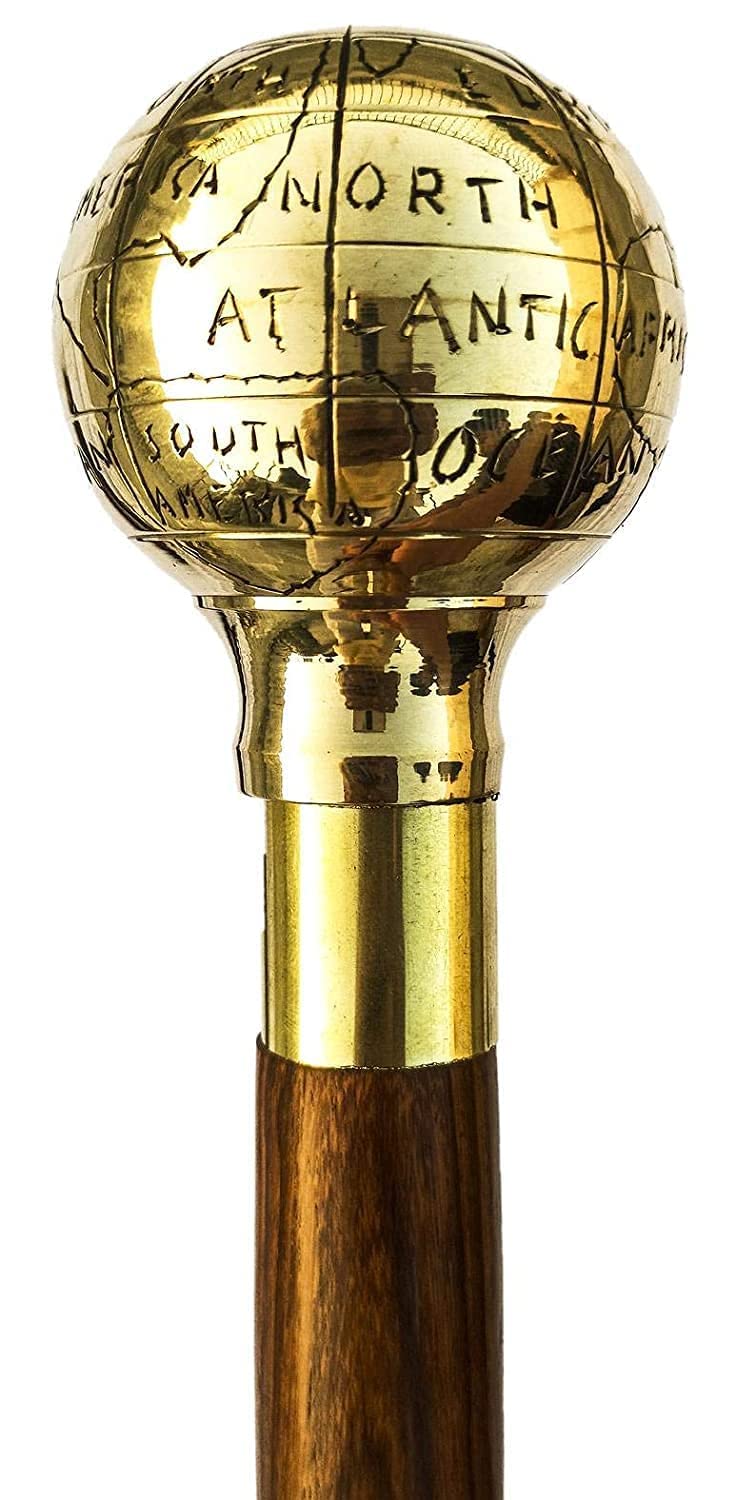 KALA KUNJ Elegent Natural Wood Walking Sticks with GLOBE Design Solid Brass Handle - Decorative Walking Cane