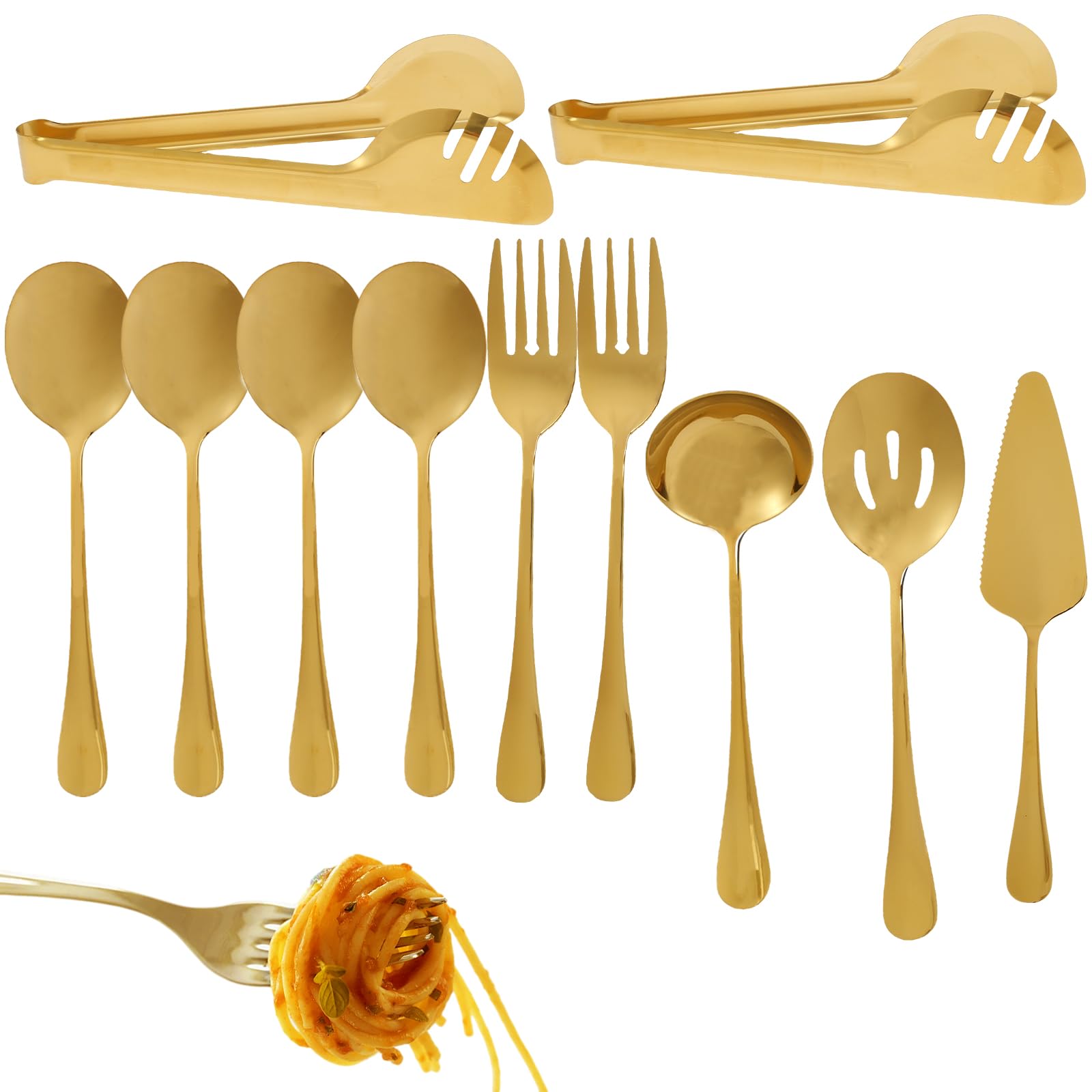 Menibbler Gold 10Pcs Serving Utensils Set Stainless Steel Metal Serving Utensils Dishwasher Safe Metal Serveware Elegant Serving Set With Serving Spoons Forks Tongs Slotted Spoon Ladle Pie Server(Golden)
