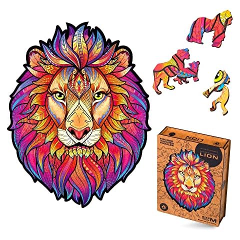 UNIDRAGON Original Wooden Jigsaw Puzzle - Mysterious Lion, 192 pcs, Medium 9.7"x12.5", Unique Animal Shaped Puzzle Box, Birthday Gift Idea for Kids, Adults, Girls, Boys, Family Game and Hobby Cover
