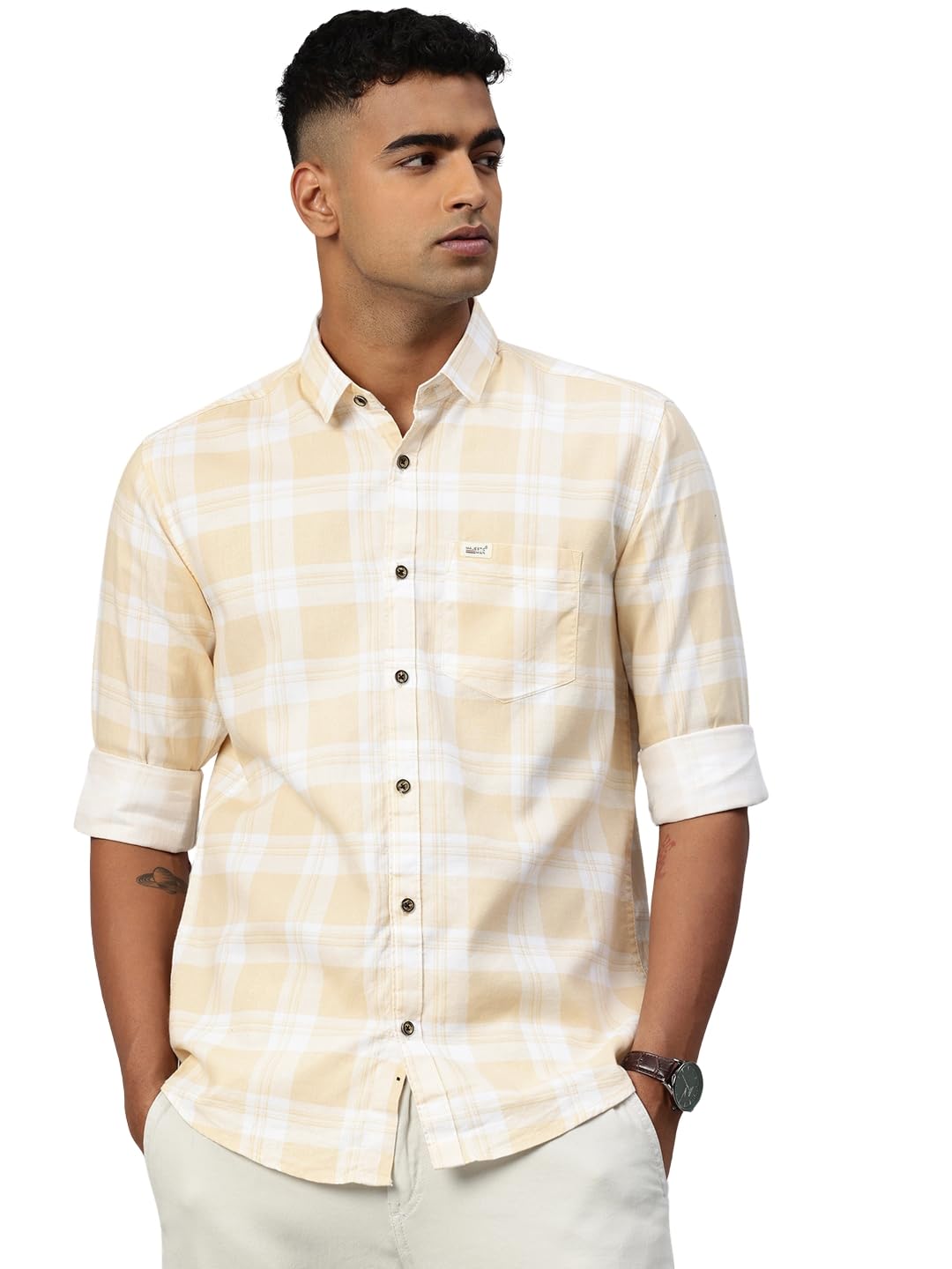 Roadster Comfort Slim Fit Pure Cotton Checked Casual Shirt in neutral