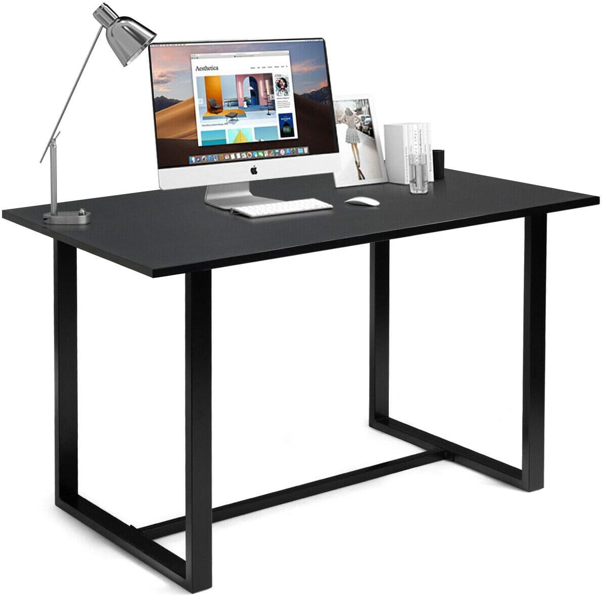 Tangkula Writing Table Computer Desk, Modern Versatile Writing Desk with Bamboo Wood Top, Computer Workstation Study Table Home Office Desk (Black)