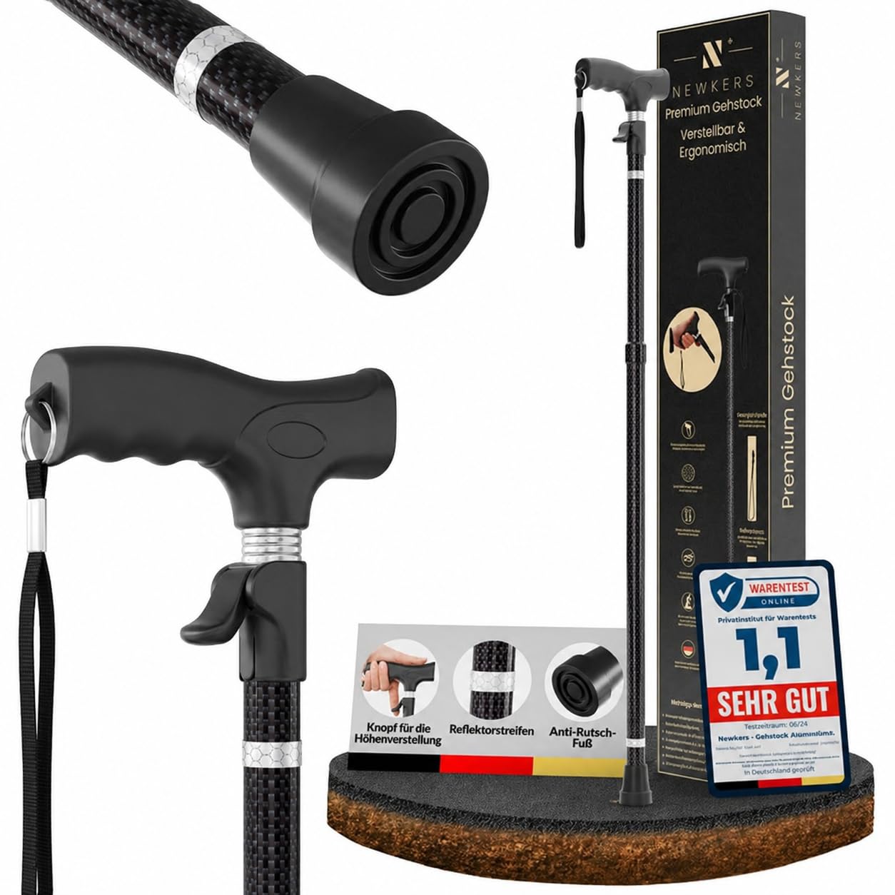 Gehstock Damen Herren – automatisch aufklappbar, höhenverstellbar 65–102 cm | Leichte Gehhilfe für Senioren mit Klickmechanismus, ergonomischem Griff und kompakt faltbarem Design für Alltag und Reisen.