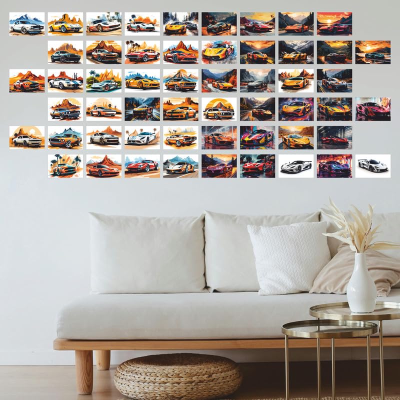 Image of POSTERONN Vintage Super Cars Wall Collage Kit 54 PCS 4x6 Inch Posters | Classic Car Photo Cards for Bedroom Gaming Room Decor | Aesthetic Auto Theme Wall Art with Glue Dots | Gift for Teens Friends