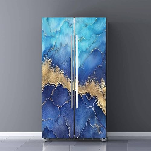 Juego de envolturas de vinilo autoadhesivo para refrigerador, diseño abstracto de mármol azul con venas doradas, mural artificial para puerta de