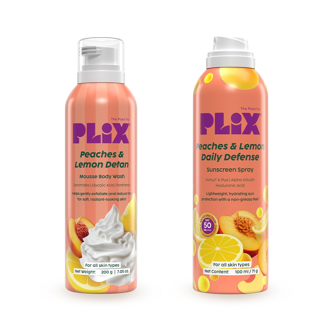 PLIX Peaches & Lemon De-Tan Bodycare Duo | Mousse Body Wash & SPF 50 PA++++ Body Sunscreen Spray | Brightens & Protects | Lightweight, Non-Greasy | Dermatologically Tested-image-7