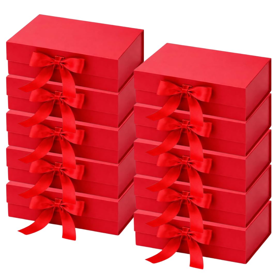 Trendi Premium Gift Box 33x27x13 cm with Bow Ribbon – Large Luxury Folding Gift Box with Magnetic Closure | Reusable Elegant Present Box for Weddings, Birthdays & Holidays (Red, Large, Set of 10)