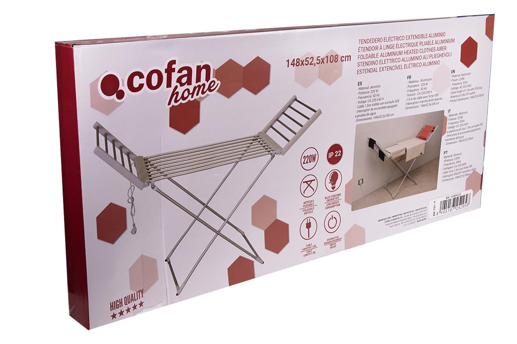 Cofan Tendedero Extensible Eléctrico | 220W | Modelo Sahara | Fabricado en Aluminio | Medidas: 148 x 52 x 108 cm