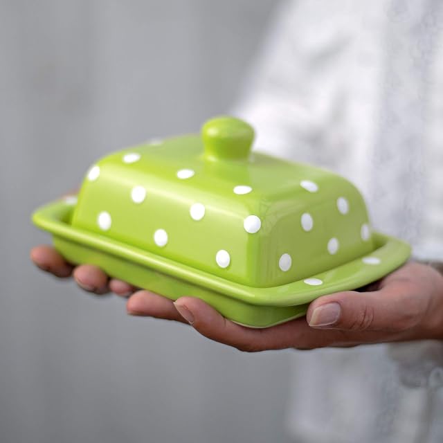 City to Cottage® Lime Green and White Polka Dot Spotty Handmade Hand Painted Ceramic Covered Butter Dish with Lid