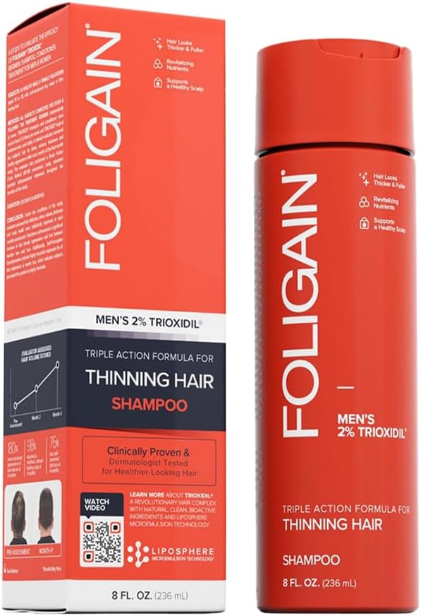 Foligain Triple Action Shampoo For Thinning Hair, Men’s Volumizing Shampoo, with 2% Trioxidil 8 Fl. Oz.