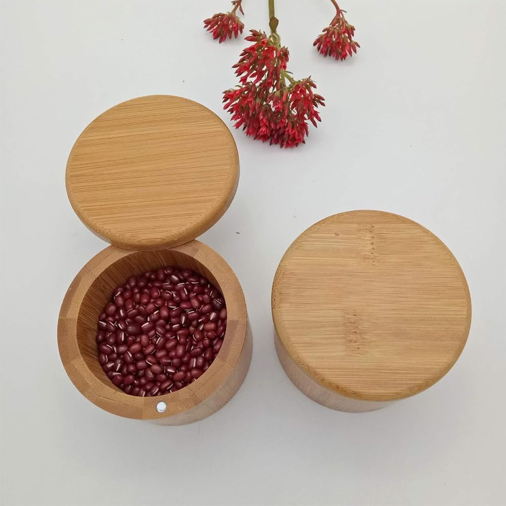 Boîte à Sel En Bambou à 3 étages Avec Couvercle Pivotant Magnétique - Pot à épices Rond Pour Sel, épices, Herbes, Assaisonnement, Poivre, Etc
