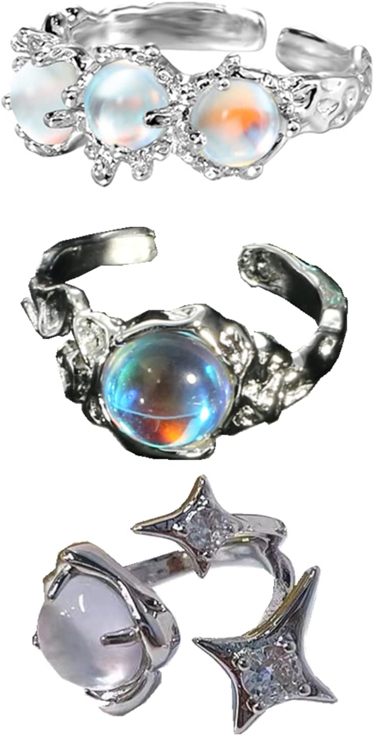 H&Z Silver Y2K Jewelry Opal Moonstone Rings Grunge Natural Stone Kpop Rings Punk Coquette Stacking Rings Set for Women
