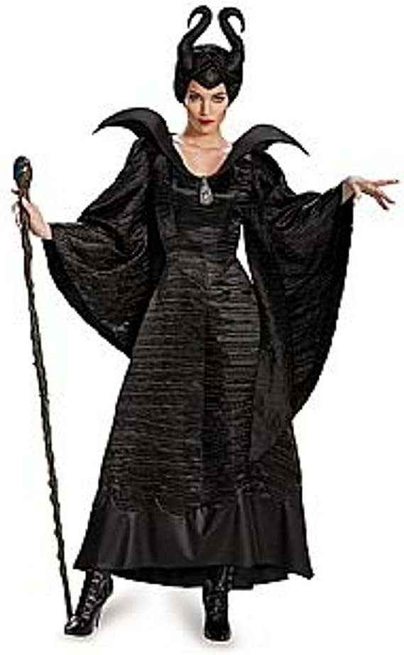 A dramatic black and purple adult Maleficent costume with a high collar