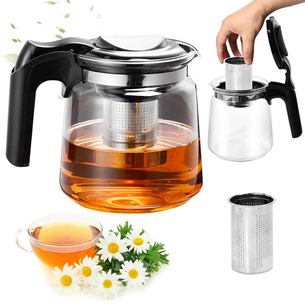Tetera de Cristal para Infusiones de 1,5l Tetera de Vidrio con Infusor y Mango Resistente al Calor Tetera de Cristal para Vitrocerámica Jarra de Cristal para Hacer Infusiones de Té Flores