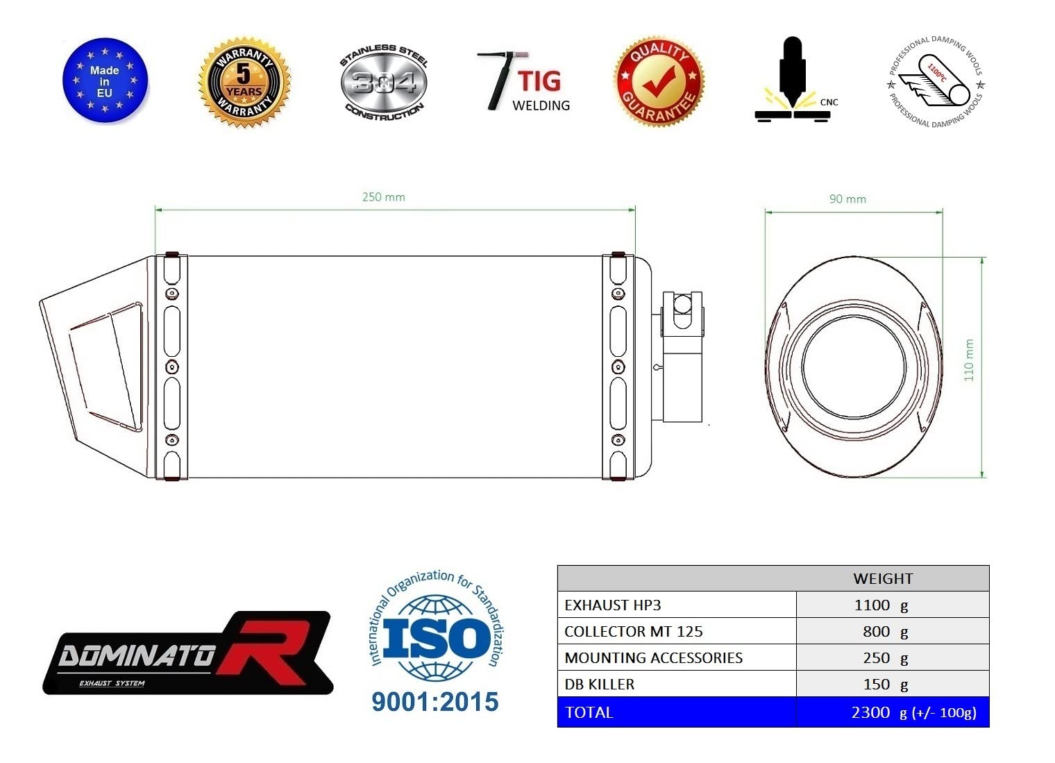 Impianto Di Scarico Completo DOMINATOR Per Yamaha MT-125 2021-2022 - Collettore E Marmitta In Acciaio Inox