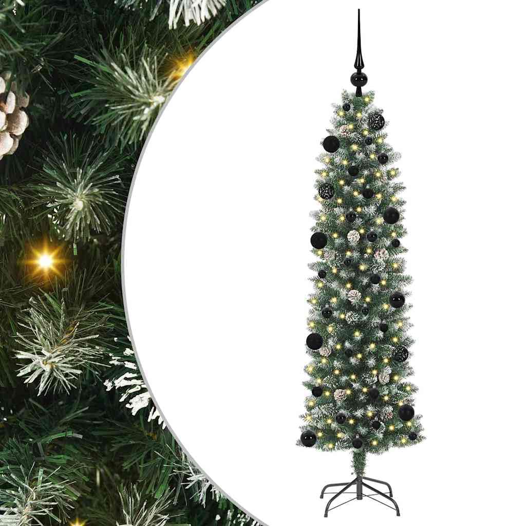 Sztuczna smukła choinka, zielono-biała 150 cm, z 150 diodami LED, końcówki z PCW, 8 trybów, zasilanie USB, do użytku wewnątrz i na zewnątrz