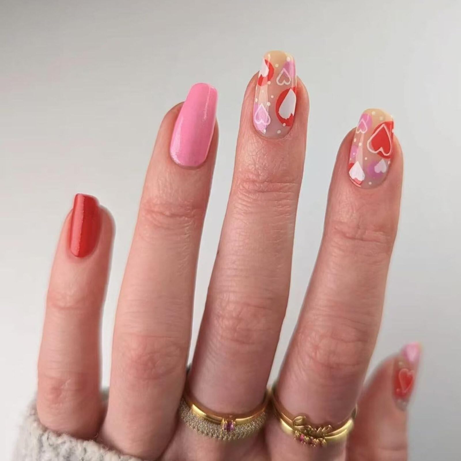 Valentines Press on Nails Medium Square Fake Nails Pink Red False Nails with White Line Heart Designs Color Cute Glossy Glue on Nails Pink Valentines