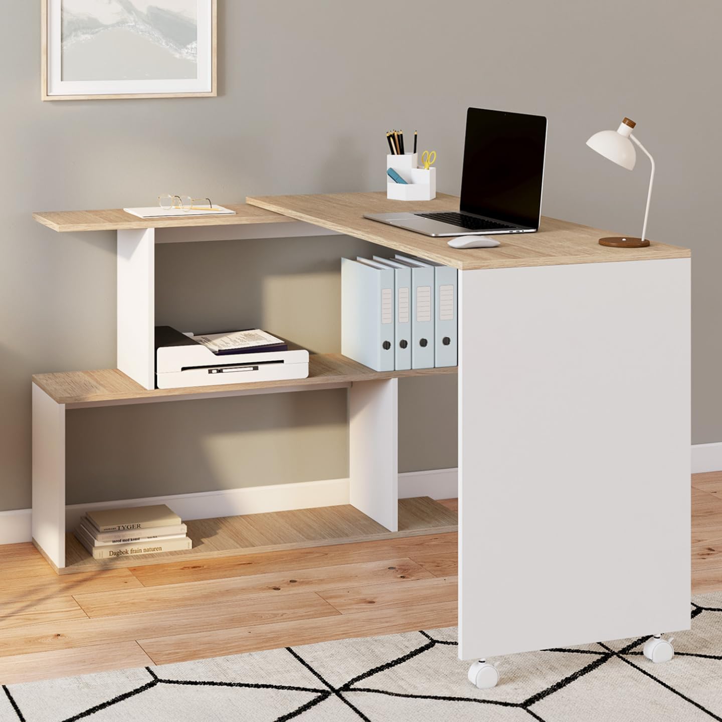 IDMarket – Escritorio esquinero giratorio 180° Joy estante forma S madera forma haya y blanco