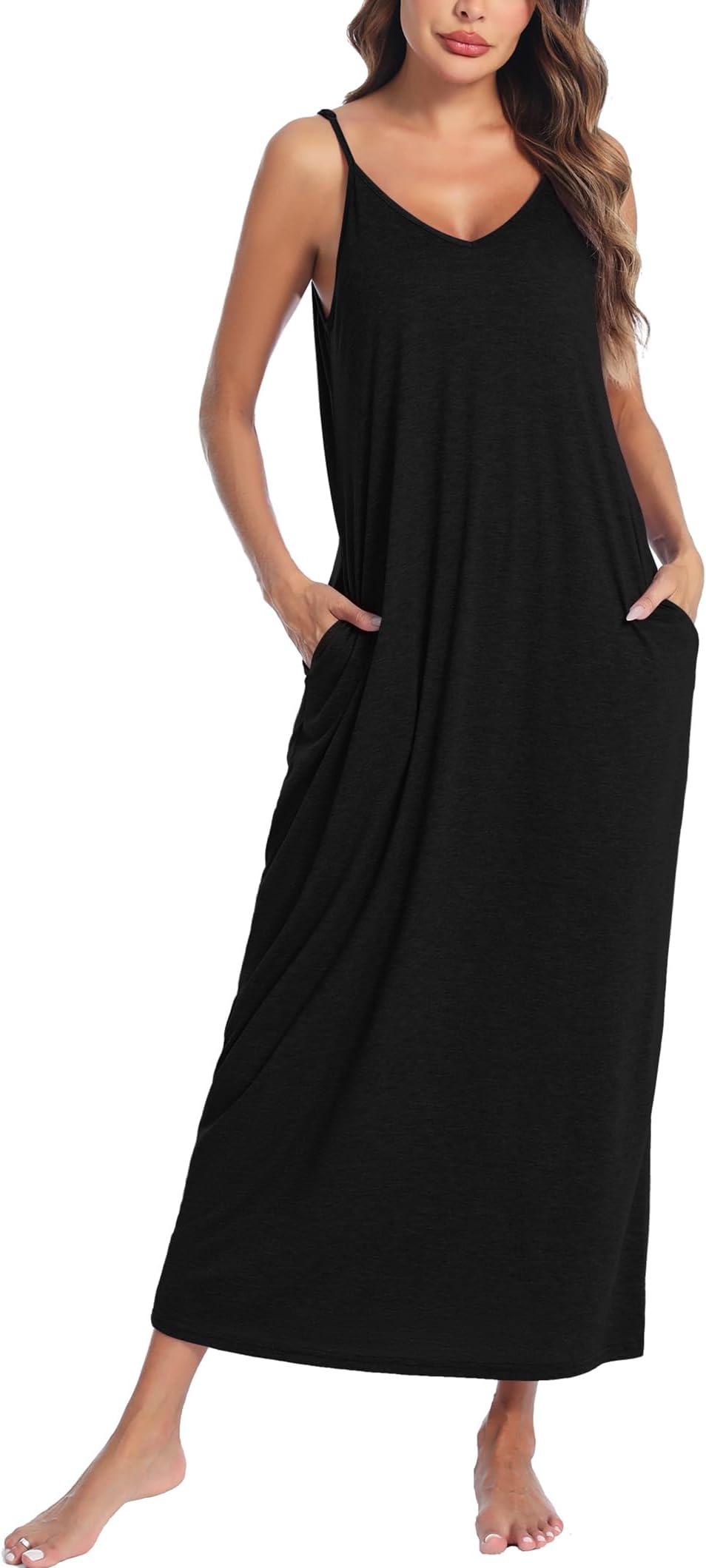 Womens Cotton Long Nightgowns Spaghetti Strap V Neck Full Slip Sleep Shirts with Pockets