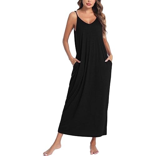 Marvmys Womens Cotton Long Nightgowns Spaghetti Strap V Neck Full Slip Sleep Shirts with Pockets