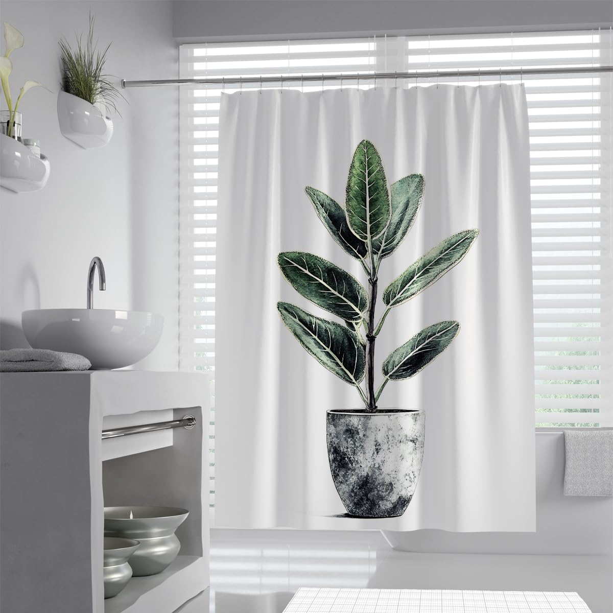 UIRINGART Modern Potted Rubber Plant Greenery Shower Curtain W100xL200cm Industrial Speckled Pot Tree Foliage Mildew Resistant Quick Dry Bathroom Screen Rustproof Grommets