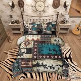 Feelyou Kids Western Cowboy Comforter Set 7 Pieces Queen Size Wild West Rustic Southwestern Bedding Set Exotic Plaid Geometric Bed in a Bag,Comforter + Sheets + Pillowcases + Cushion Covers
