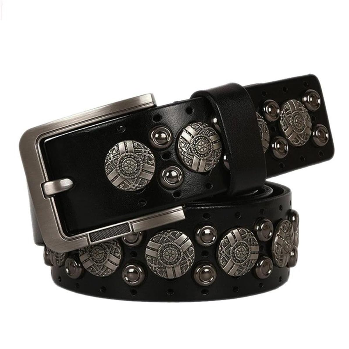 Jeansgürtel Mit Metallnieten, Echtes Leder, Rindsleder, Herrengürtel, Punk-Nieten, Jeansgürtel