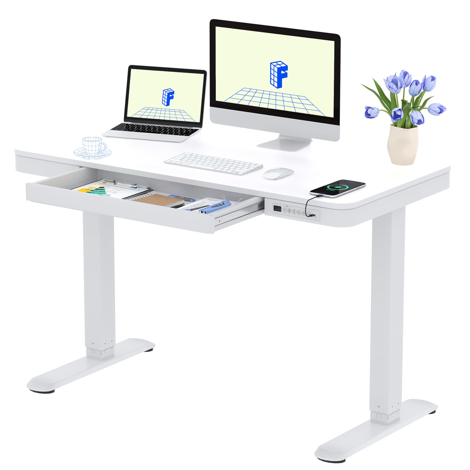 FLEXISPOT Q3 Höhenverstellbarer Schreibtisch mit LED-Höhenanzeige, Memory-Funktion und USB, Elektrischer Schreibtisch mit Schublade für Homeoffice 120 x 60 cm (Eleganzweiß)
