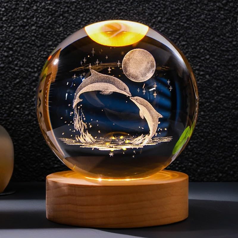 TINGMEIBESTLY 3D Crystal Ball Night Light,80MM Animals Glass Ball Night Lamp with Woodern Base,Decorations Gifts for Men,Women,Kids,Boys,Girls,Teens (Dolphin) - Image 2