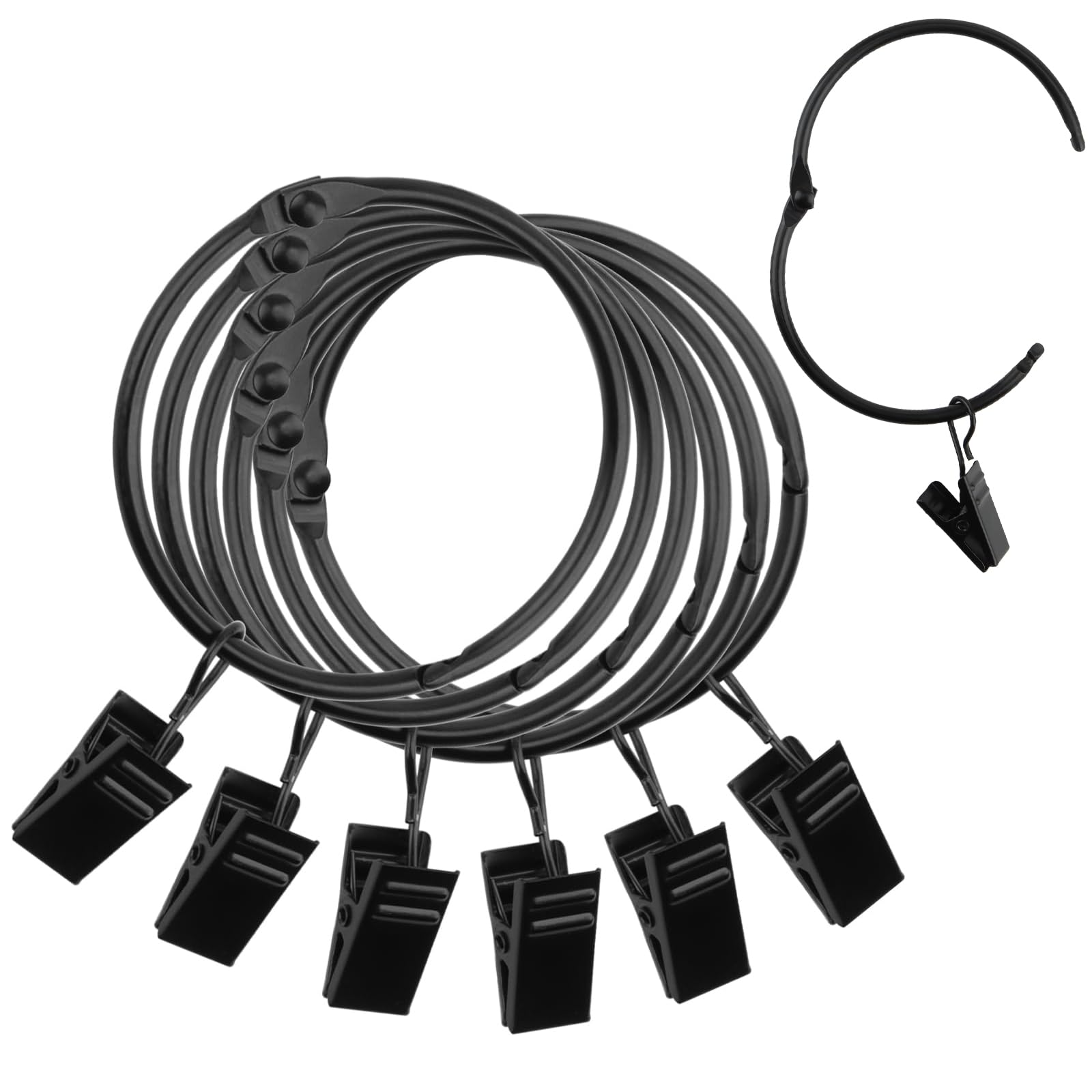 Lot de 80 anneaux de rideaux noirs de 3,8 cm avec clips, anneaux de tringle à rideaux ouverts en métal avec crochets, crochets antirouille pour chambre à coucher, salon, salle de bain