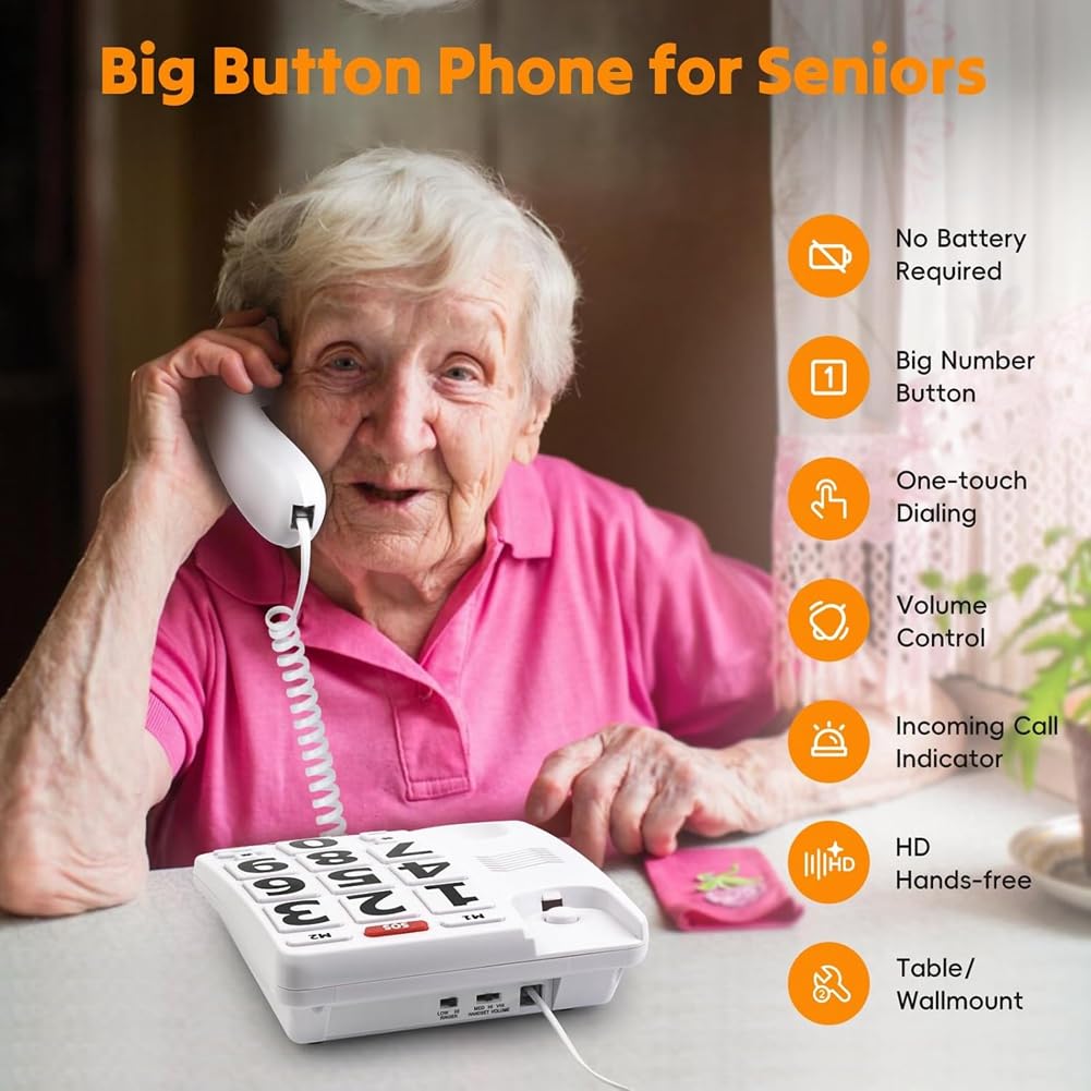 Téléphone à Grosses Touches pour Personnes Âgées, Téléphone Fixe à Domicile, Une Touche pour Téléphone D'Aide pour Les Malentendants