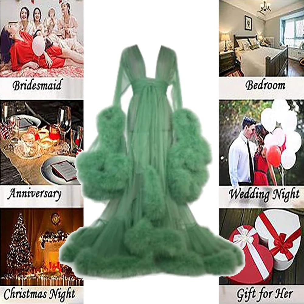 Robe en Tulle pour Femme, Robe en Plumes Vintage, Peignoir de fête Sexy, Robe de maternité en Tulle Perspective, Peignoir de Photographie pour Femme-Green||XXL
