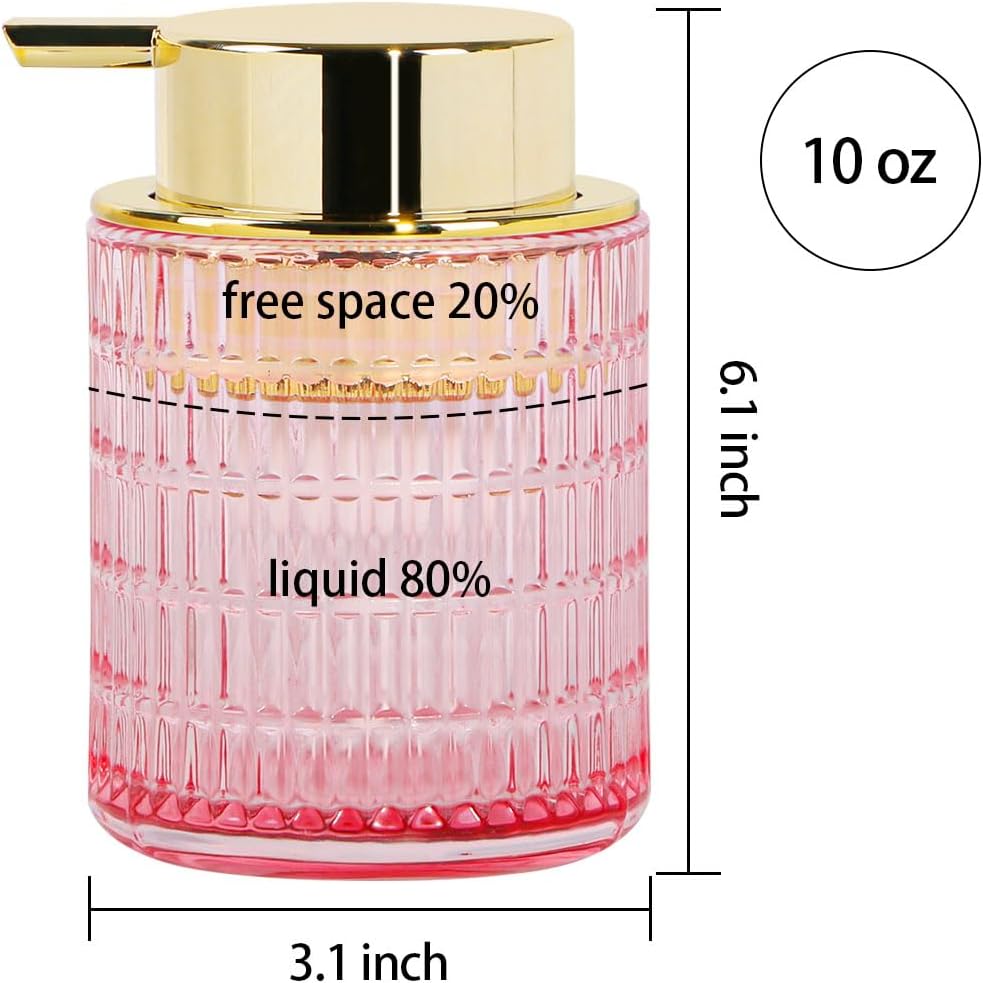 2pcs Foaming Soap Dispenser, Pink Glass Foam Soap Dispenser for Bathroom and Kitchen, 10 Oz Refillable Foaming Pump Bottle with Large Pump, Ribbed Bottle Container Decor