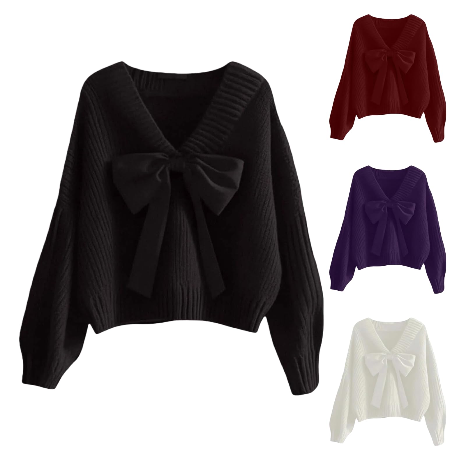 Valentines Sweater Women V-Neck Trendy Long Sleeve Bow Pullover Cozy Plus Size Tops Cropped Knit Sweater