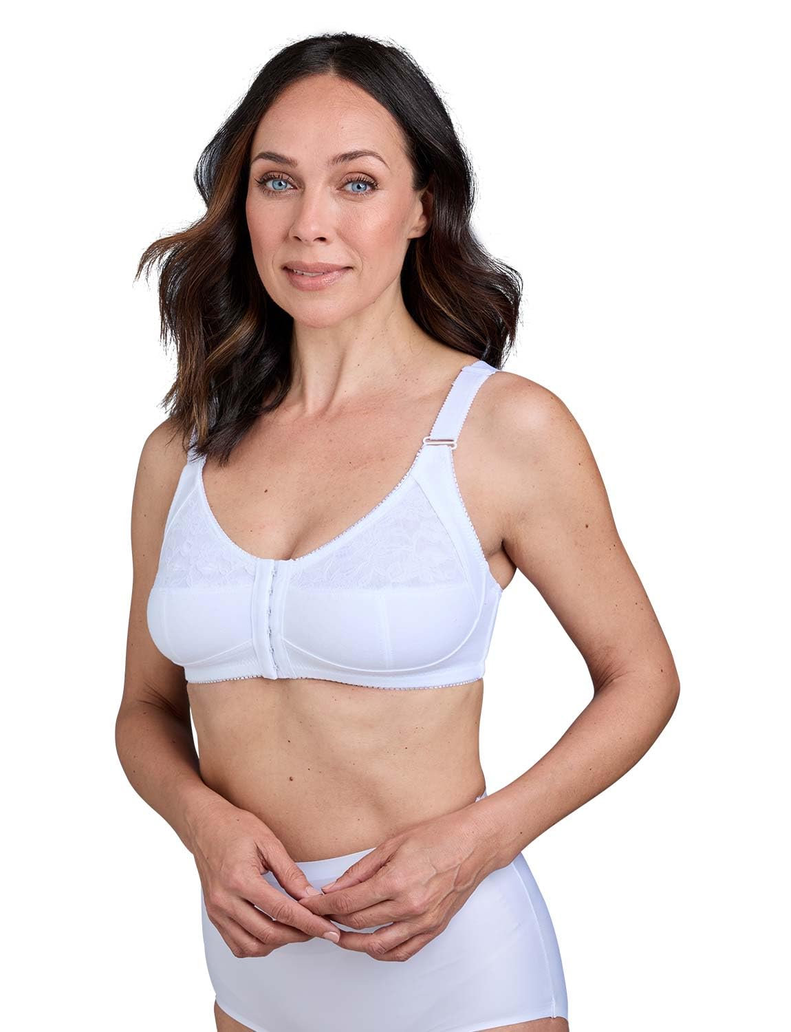 Chums Women's White Cotton Rich Wide Strap Front Fastening Bra Wireless Full Coverage, Adjustable Straps Hook And Eye Fastenings 44Dd