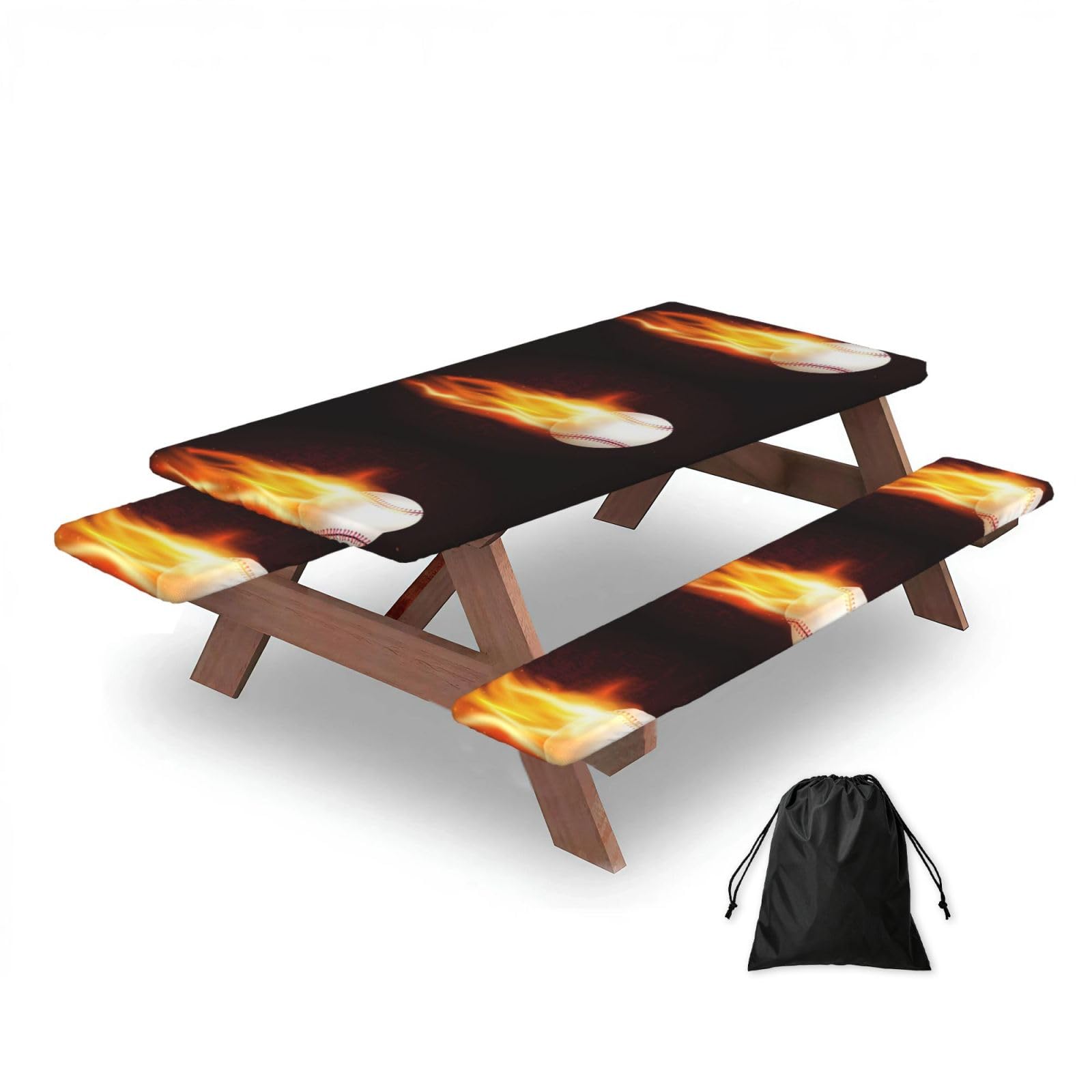 Burning Baseball Fire Flame Pattern, Picnic Table Cover With Bench Covers -Waterproof Elastic Fitted Tablecloth for Garden Camping Patio 76x152cm