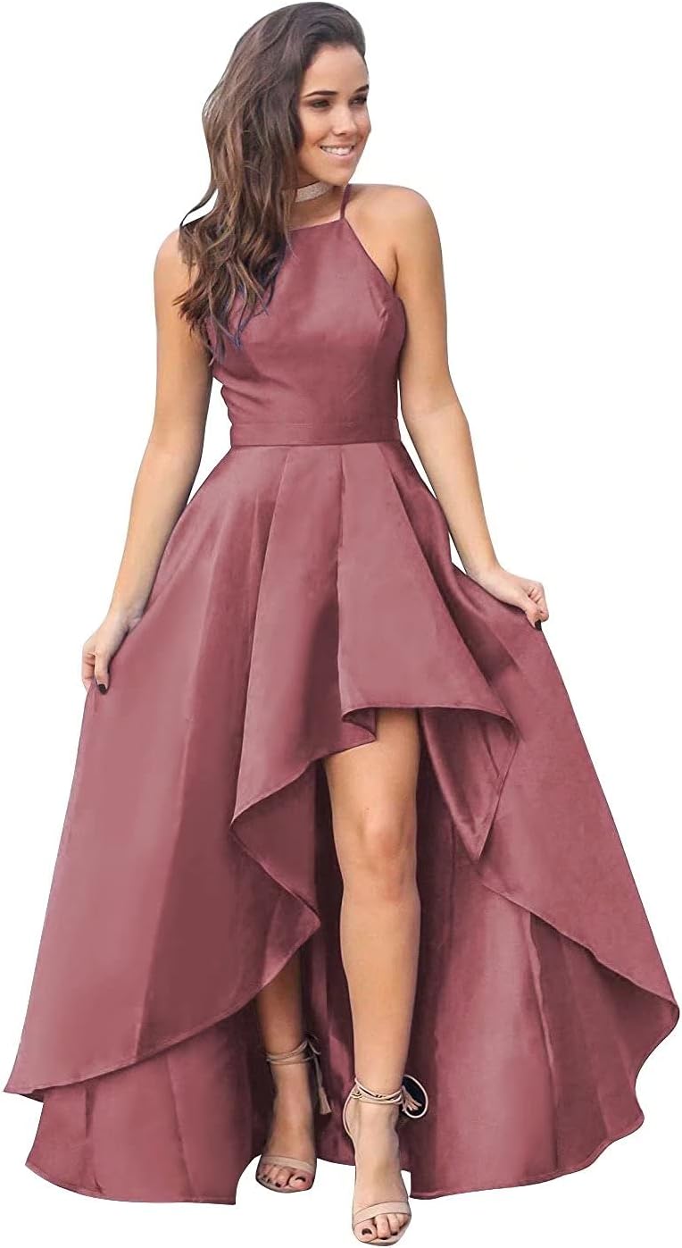 Homdor high low prom dress satin halterneck a line formal evening gown  wedding guest party cocktail dress with pockets