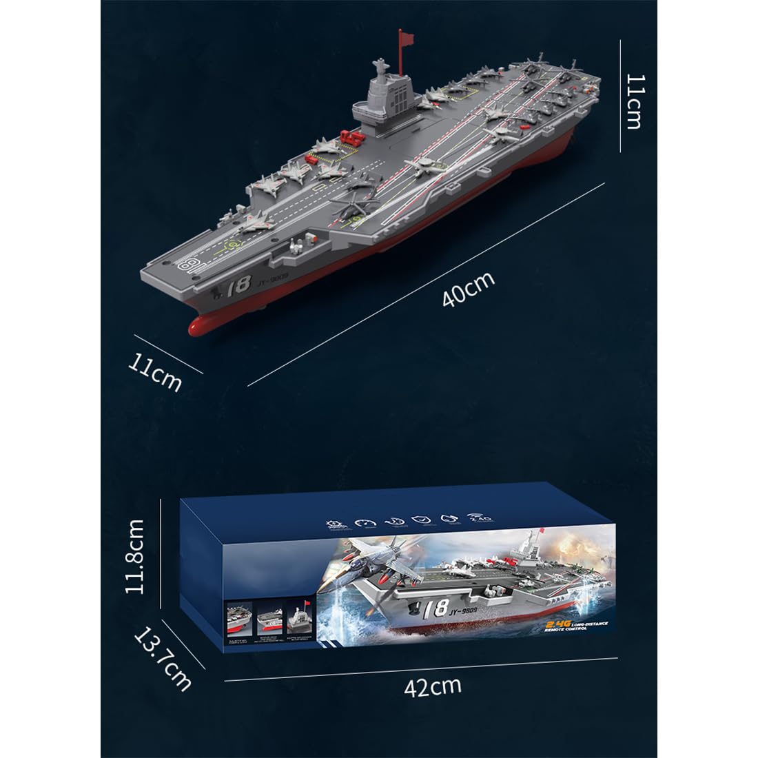 RC, nave radiocomandata, 2,4 GHz, 20 km/h, modello di nave da guerra con doppio motore e 2 livelli di velocità, protezione sensore d'acqua, barca militare RTR per adulti 16+, 40 cm