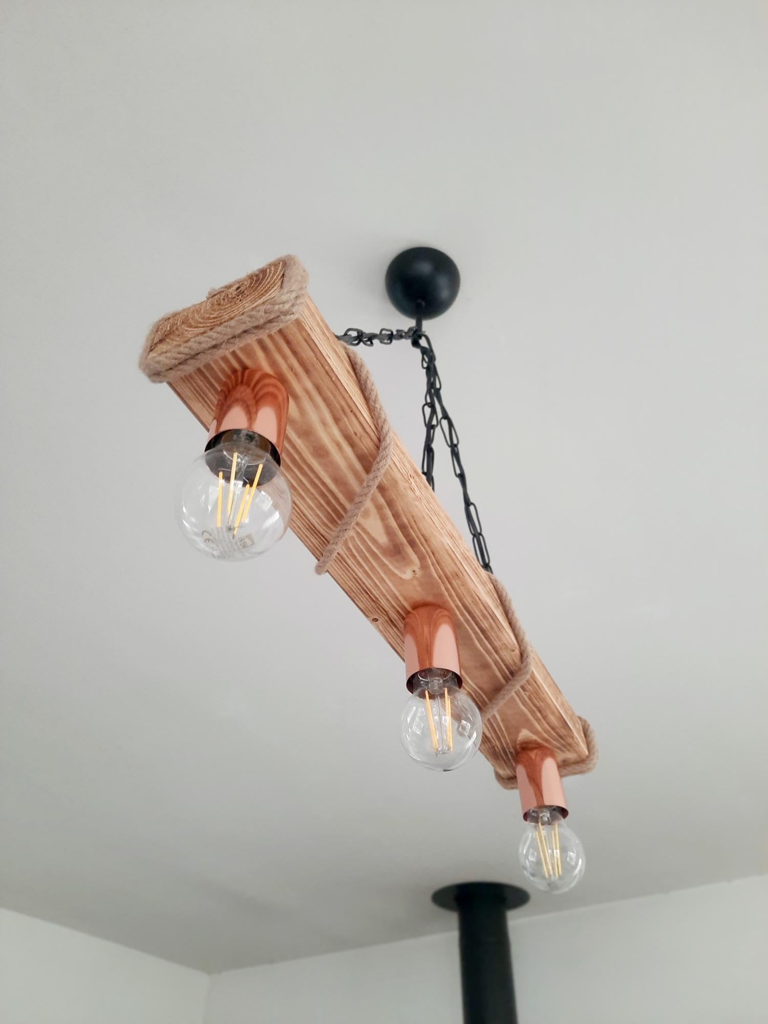 Lustre suspension en bois corde et cuivre - style industriel campagne chic - 3 ampoules E27