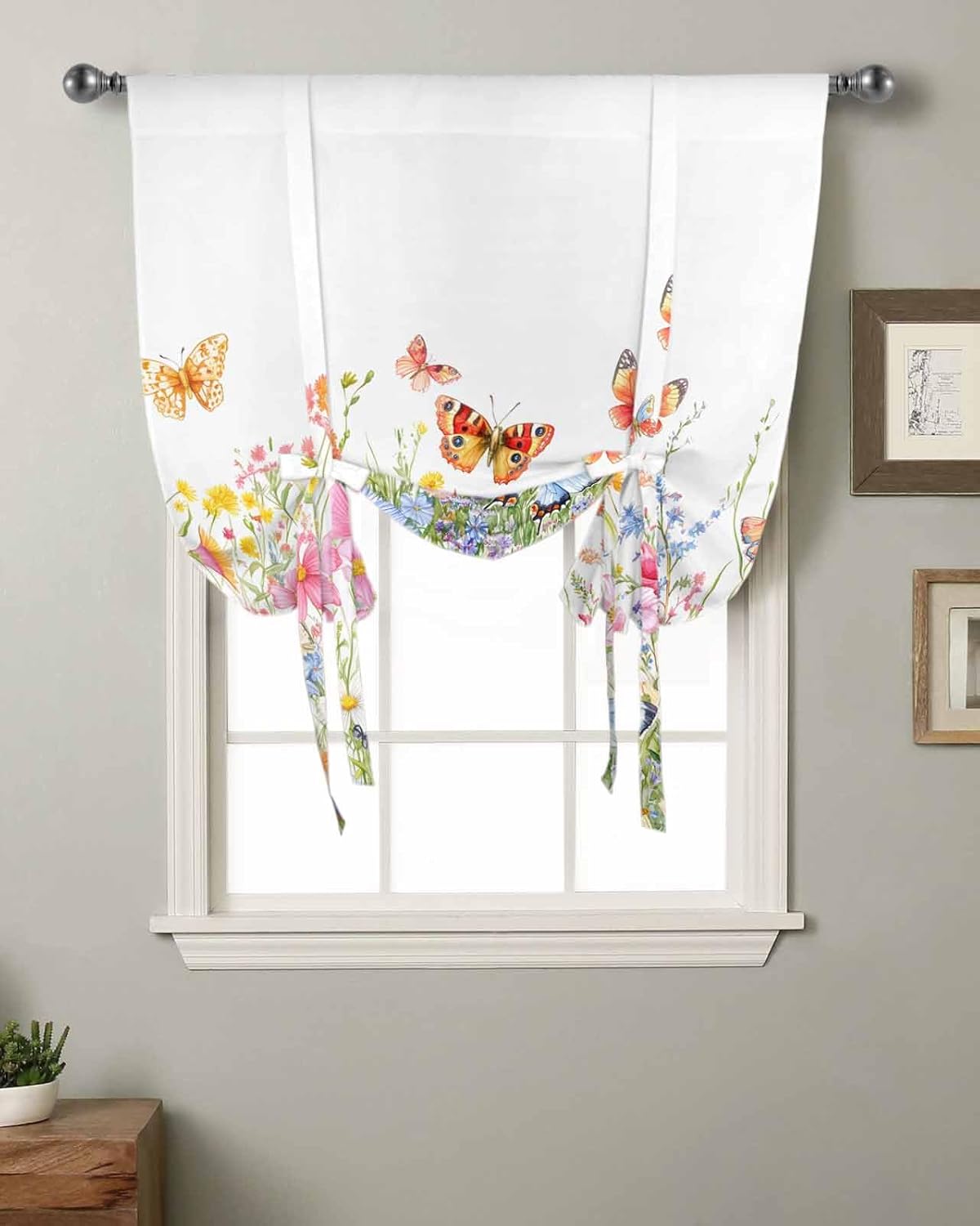 Spring Floral Tie Up Curtains for Windows 63 Inch Length Balloon Curtains Kitchen Adjustable Balloon Window Shade Farmhosue Watercolor Country Butterfly Beige Tie Up Bathroom Curtain Window 52"x63"