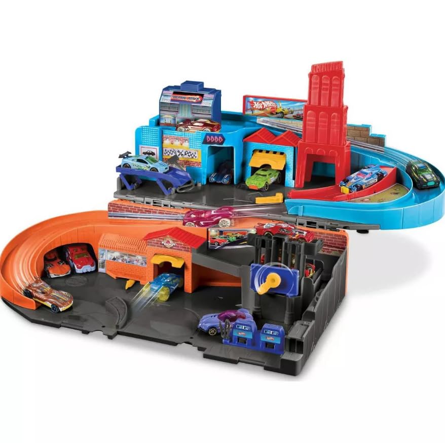 Assembled Hot Wheels Ultra Hots STO & Go Trackset with multiple levels, ramps, and car features.