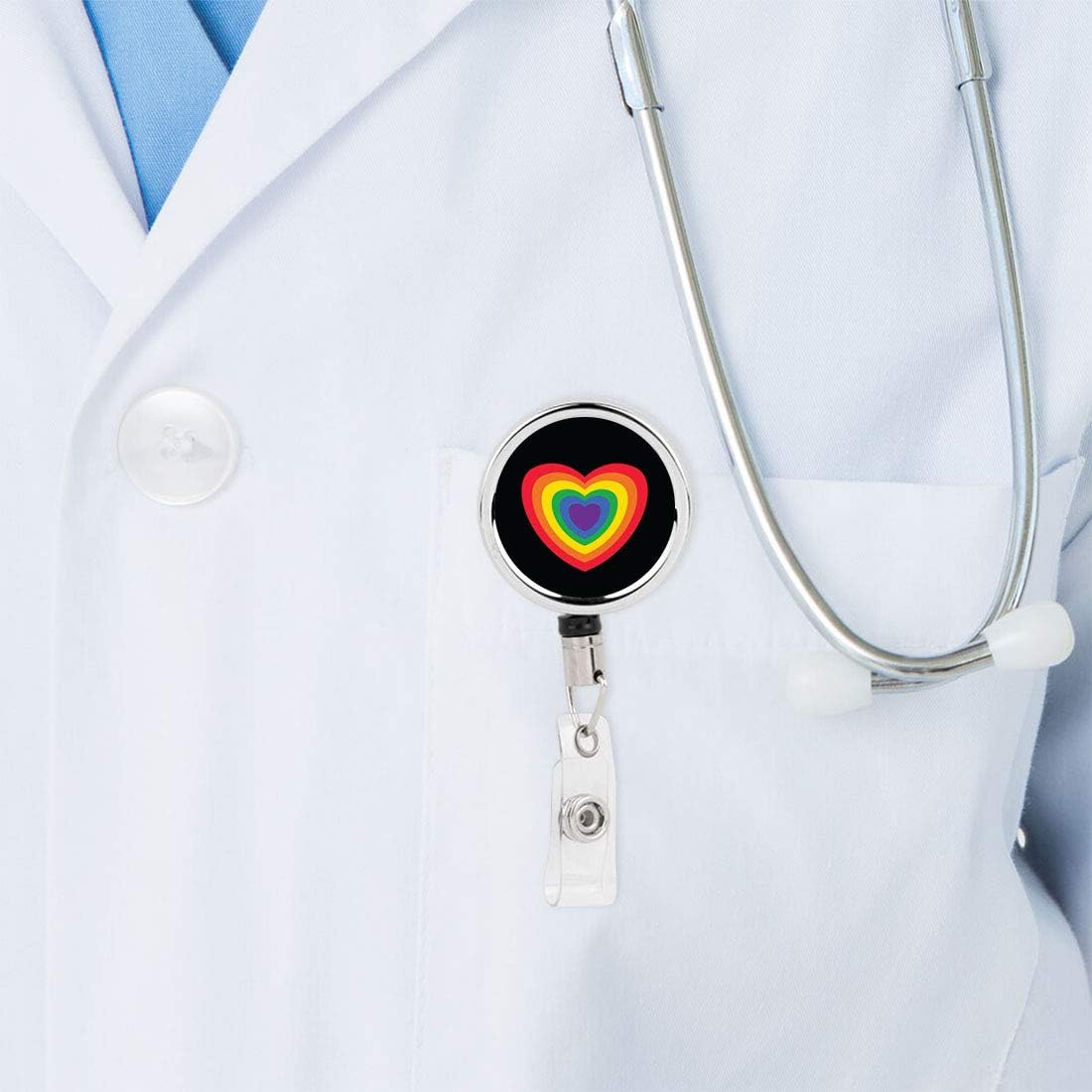 Andaz Press Retractable Badge Reel Holder with Clip, Heavy Duty Metal Name Tag Retractable ID Key Belt Clip Rainbow Heart, LGBTQ Rainbow Cute Elegant Work Gift