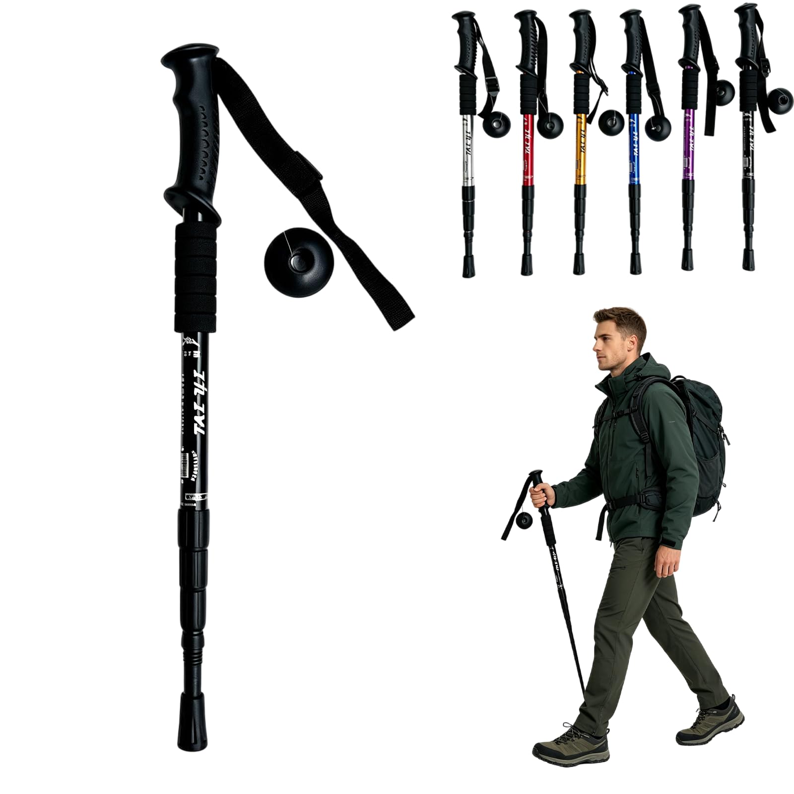 Adjustable Aluminum Alloy Trekking Pole, Telescopic Walking Poles with Antishock and Quick Lock System, Collapsible Hiking Sticks for Hiking, Camping, Mountaining (Black,4-Section)