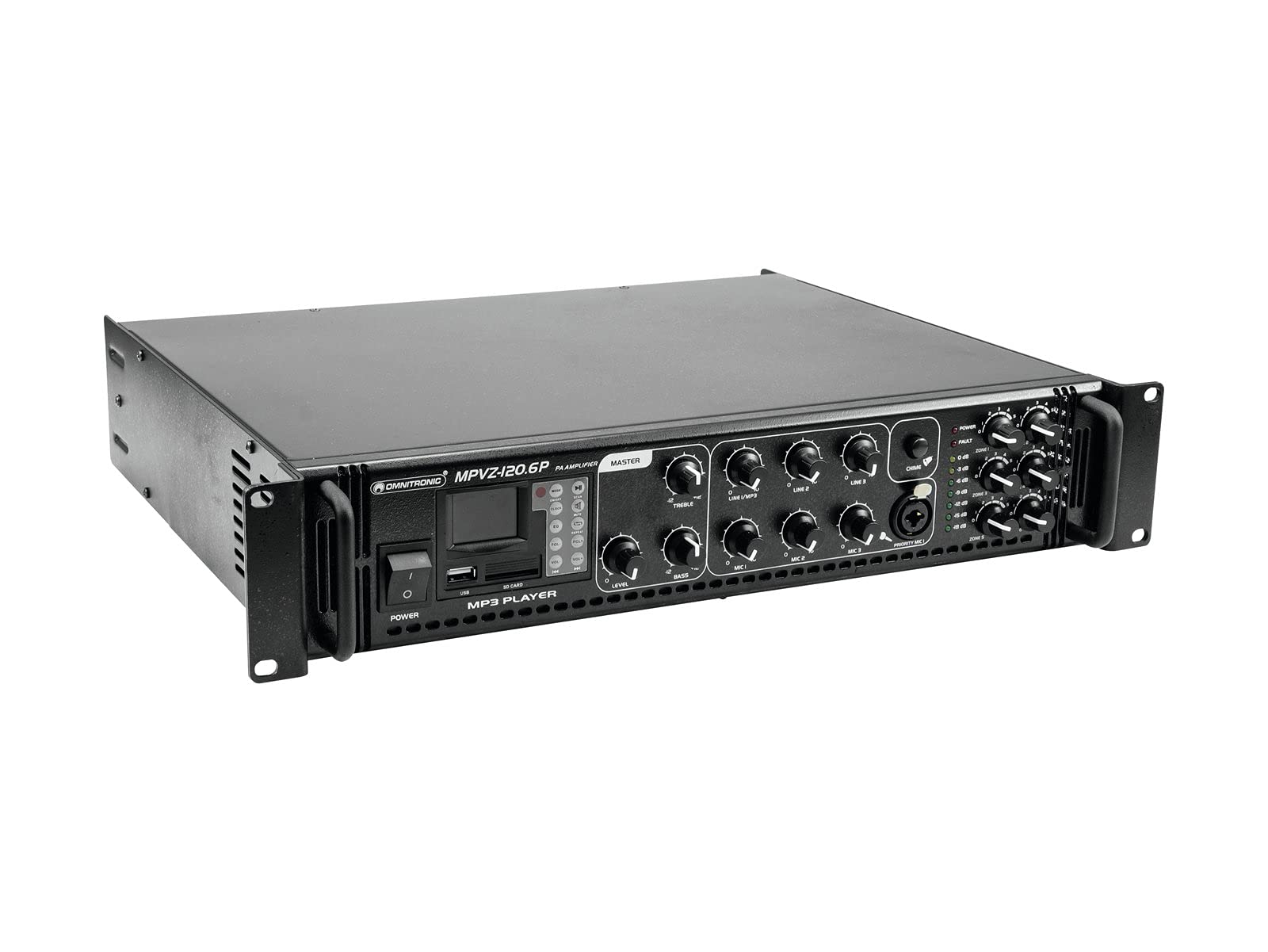 OMNITRONIC MPVZ-120.6P Mischverstärker | 6-Zonen-ELA-Mono-Mischverstärker, MP3-Player & IR-FB, Zonen regelbar, 120 W